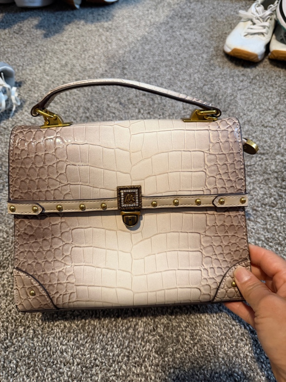 Movado Croc-Embossed Top-Handle Satchel in Light Taupe